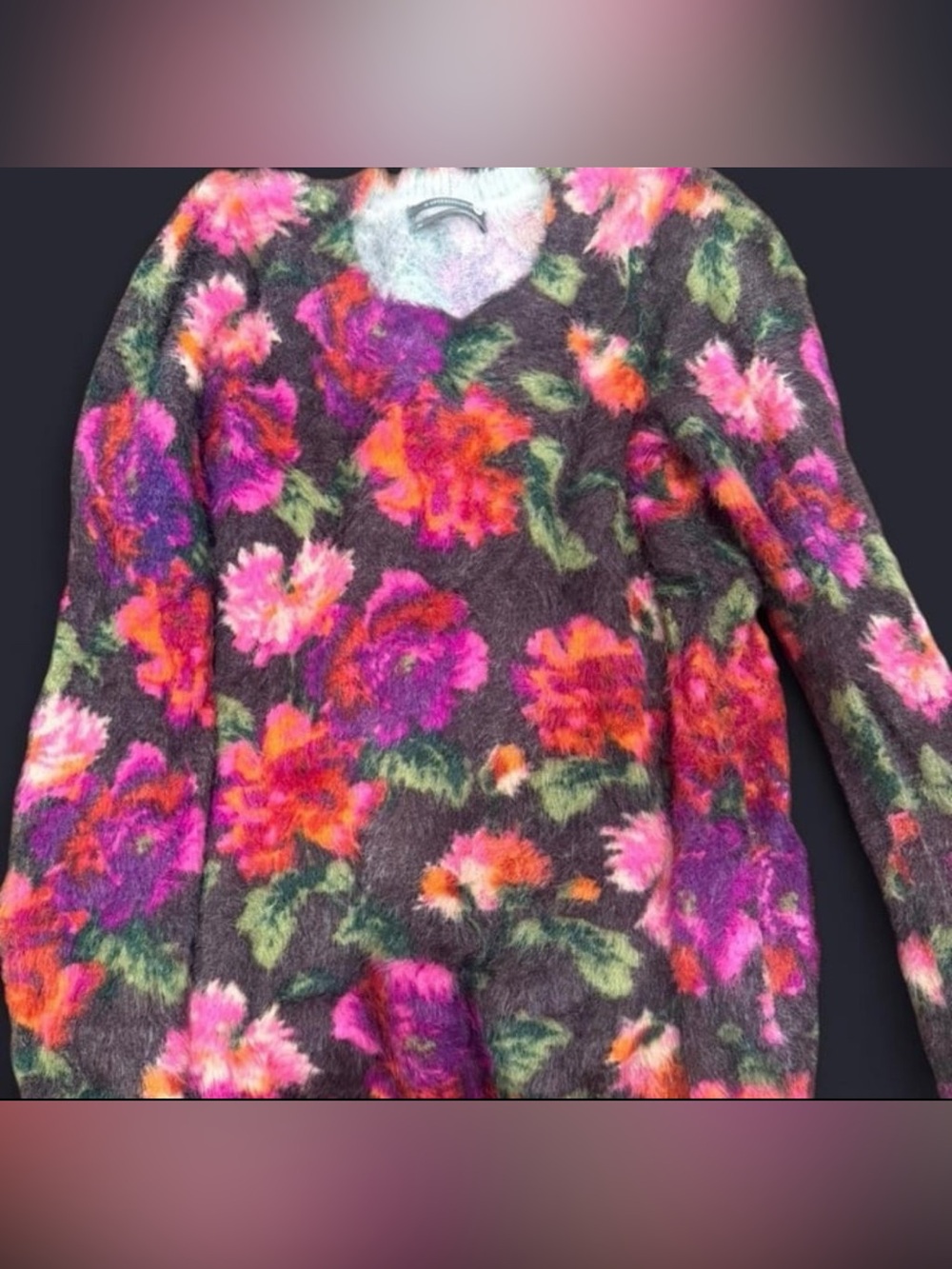 Anthropologie  Fuzzy floral print crewneck sweater